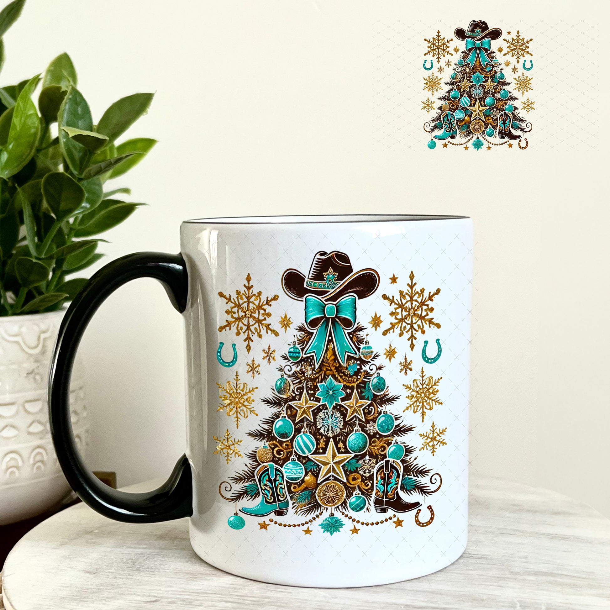Western Christmas Tree Gold Turquoise UV DTF Decal 11oz Coffee Mug Weefers