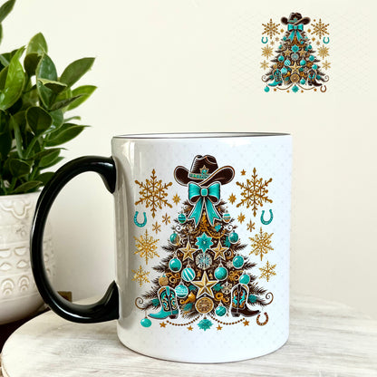 Western Christmas Tree Gold Turquoise UV DTF Decal 11oz Coffee Mug Weefers