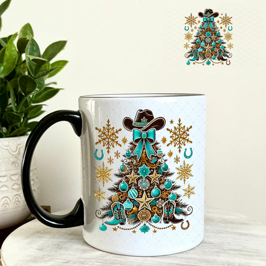 Western Christmas Tree Gold Turquoise UV DTF Decal 11oz Coffee Mug Weefers