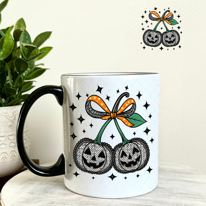 Black Lace Pumpkin Cherries UV DTF Decal 11oz Coffee Mug Weefers