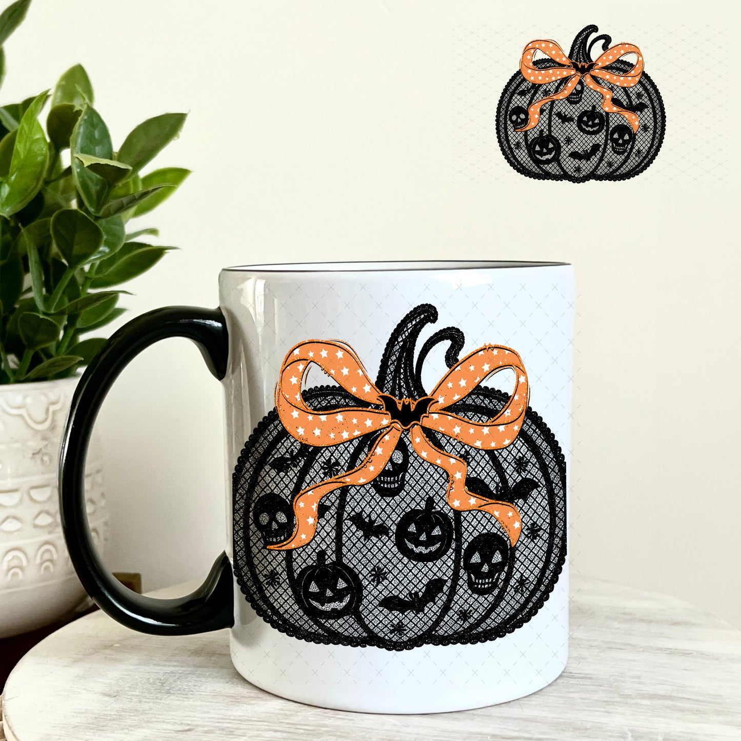 Black Lace Pumpkin Orange Bow UV DTF Decal 11oz Coffee Mug Weefers