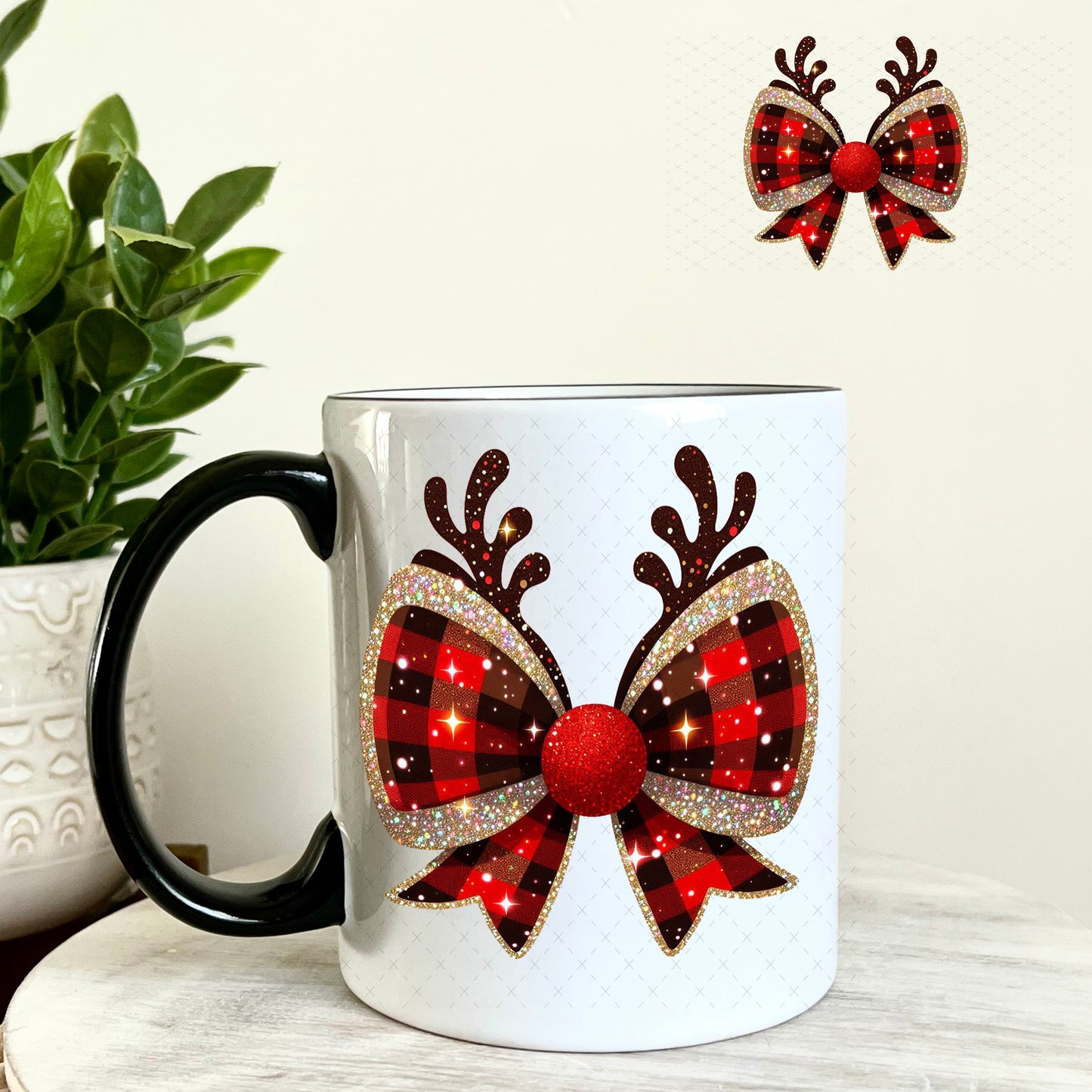 Reindeer Christmas Bow UV DTF Decal 11oz Coffee Mug Weefers