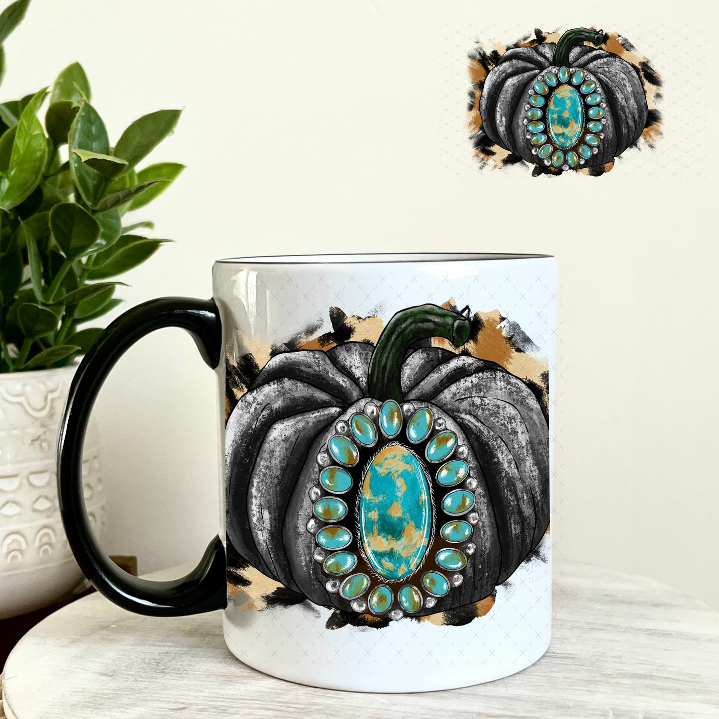 Black Pumpkin Turquoise Jewel UV DTF Decal 11oz Coffee Mug Weefers