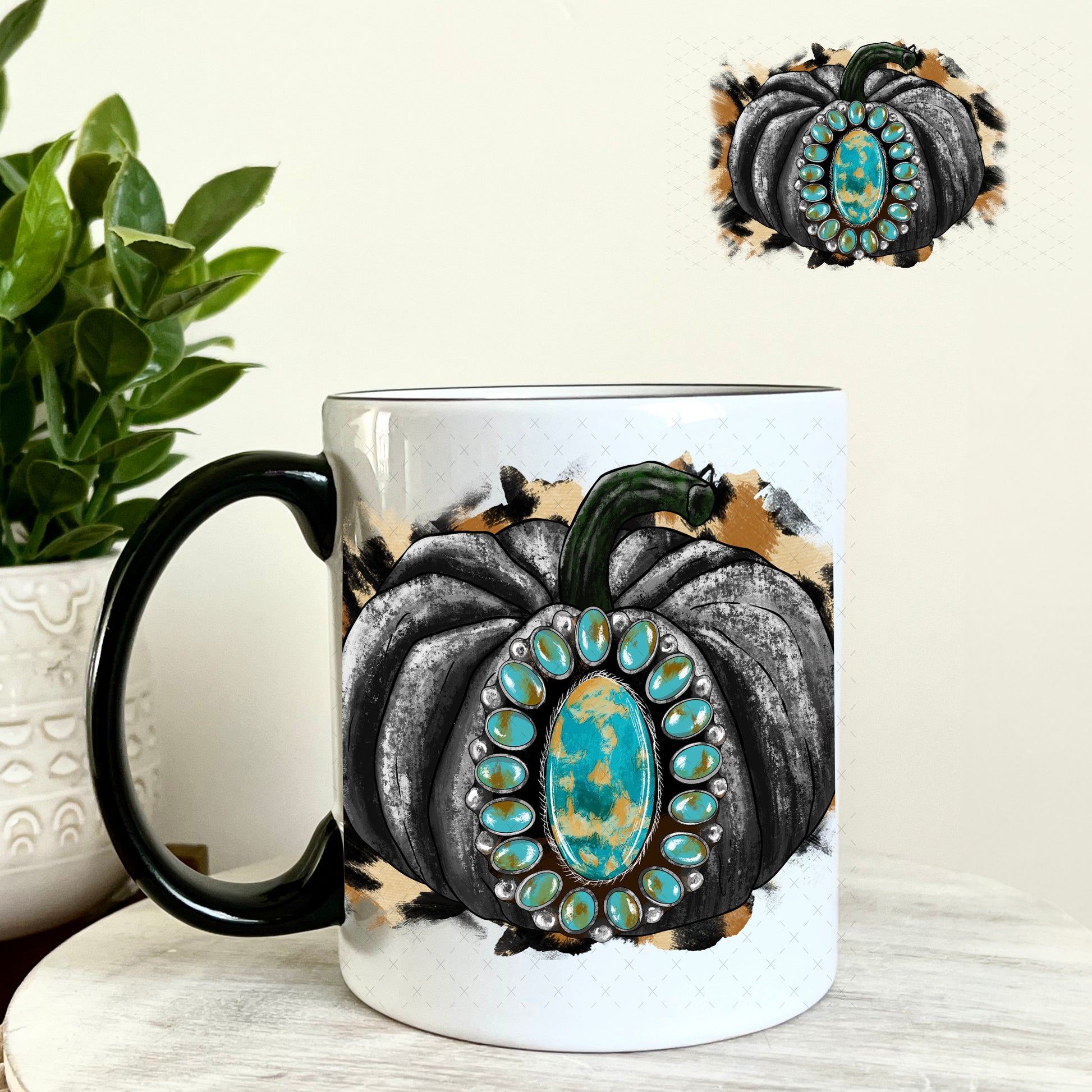 Black Pumpkin Turquoise Jewel UV DTF Decal 11oz Coffee Mug Weefers