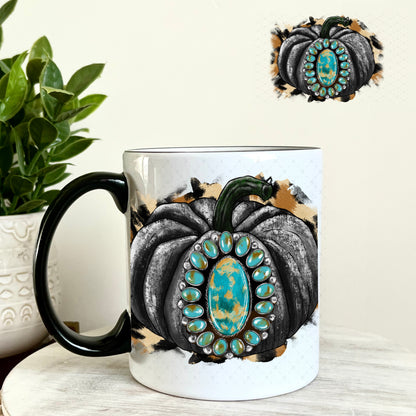 Black Pumpkin Turquoise Jewel UV DTF Decal 11oz Coffee Mug Weefers