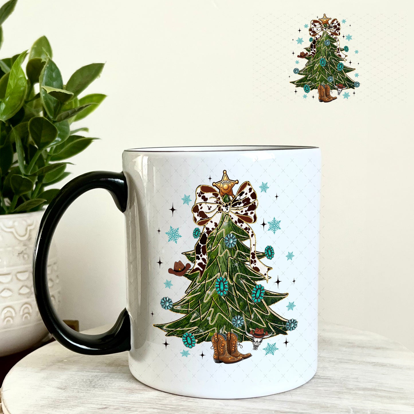 Western Christmas Tree Cowboy Boot Stump UV DTF Decal 11oz Coffee Mug Weefers