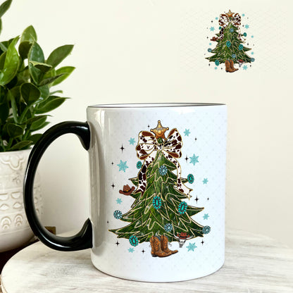 Western Christmas Tree Cowboy Boot Stump UV DTF Decal 11oz Coffee Mug Weefers