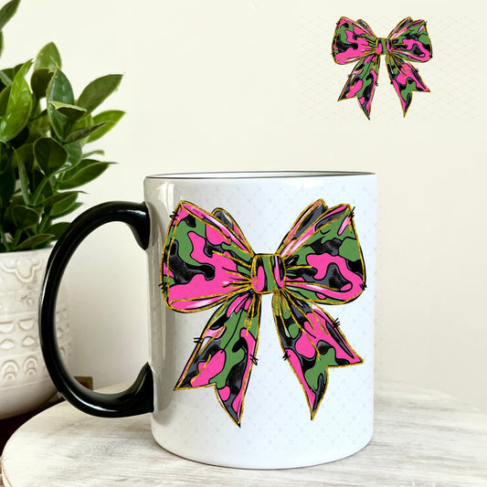 Pink Camo Bow UV DTF Decal 11oz Coffee Mug Weefers