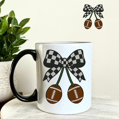 Football Black Checkered Bow UV DTF Decal 11oz Coffee Mug Weefers