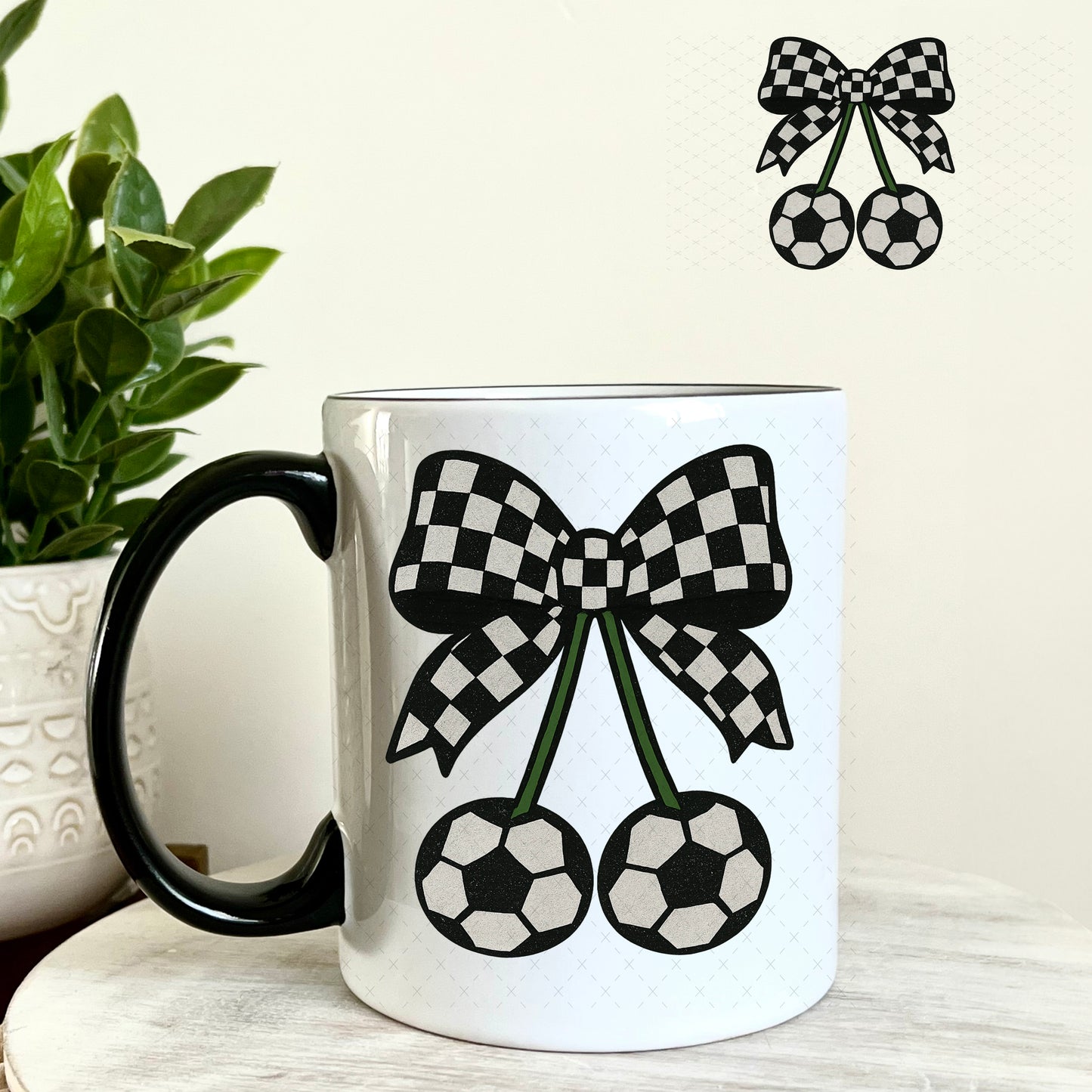 Soccer Cherry Checkered Bow UV DTF Decal 11oz Coffee Mug Weefers
