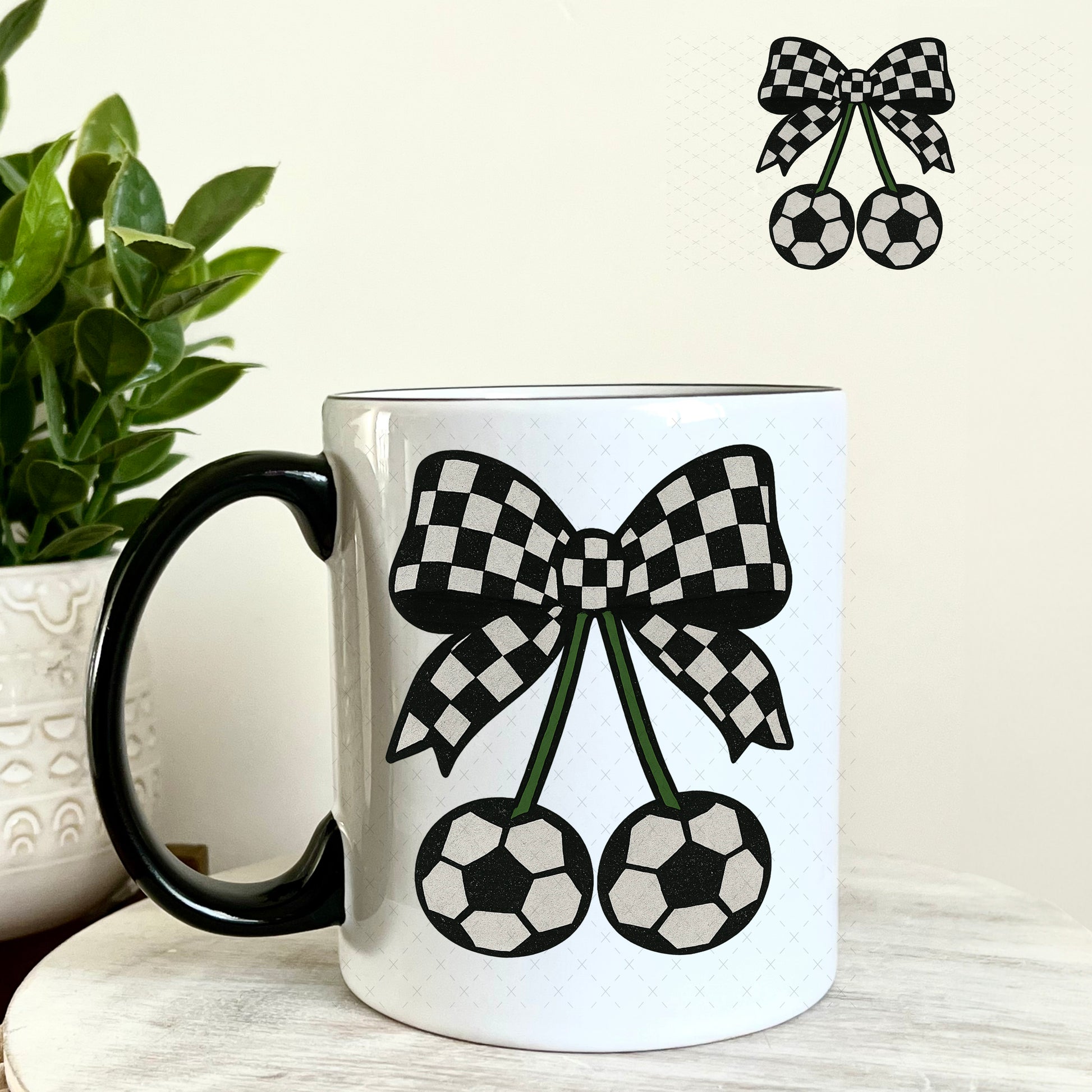 Soccer Cherry Checkered Bow UV DTF Decal 11oz Coffee Mug Weefers