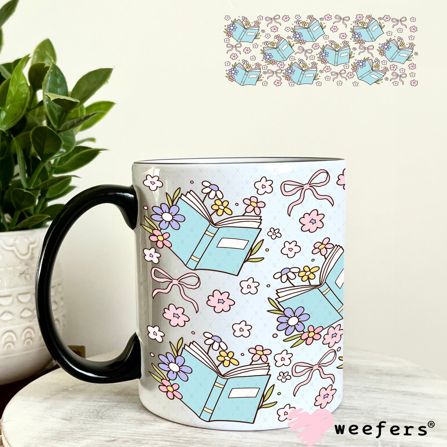 Blue Books and Dainty Flowers UV DTF Cup Wrap 11oz Coffee Mug Weefers