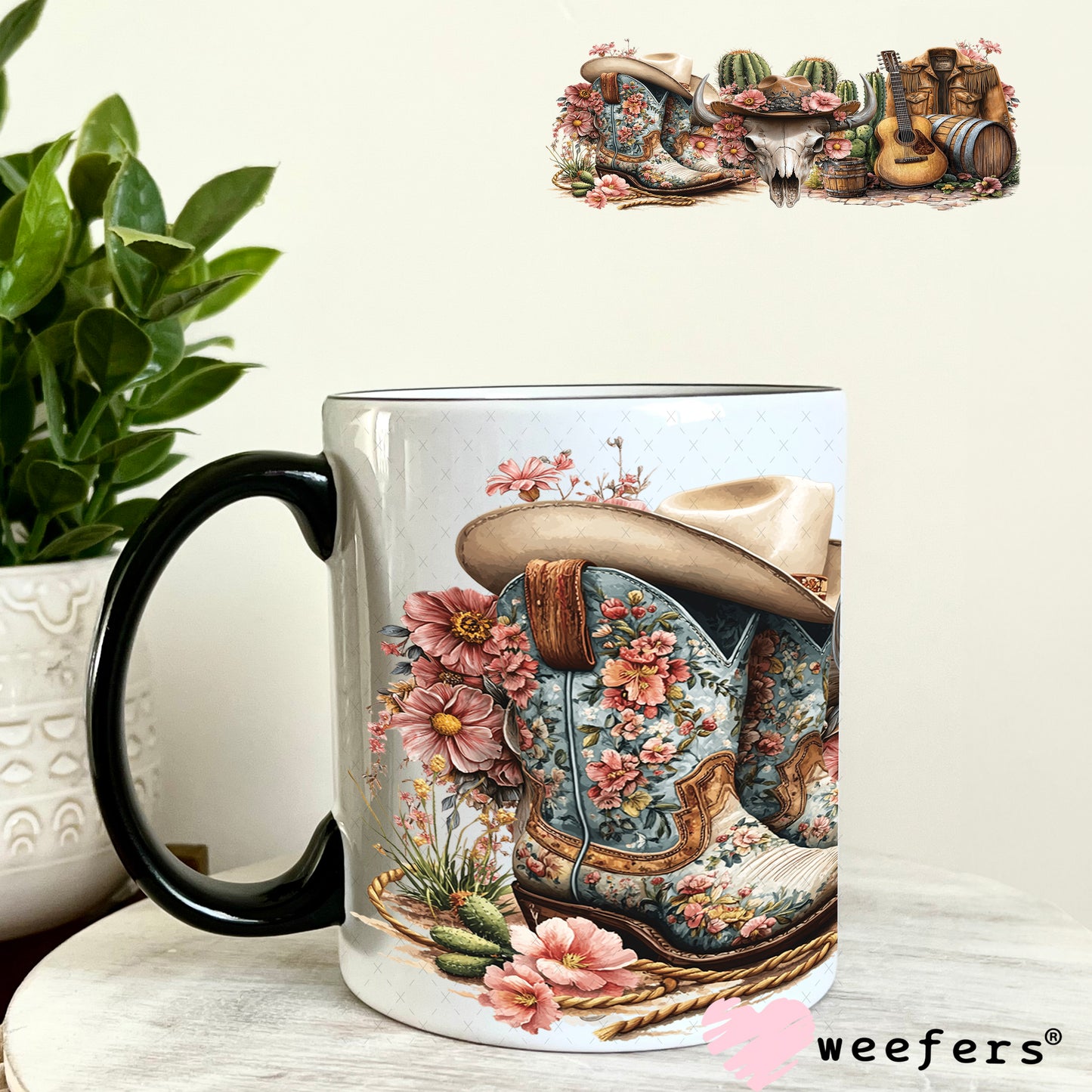 Western Boots and Cow Skull UV DTF Cup Wrap 11oz Coffee Mug Weefers