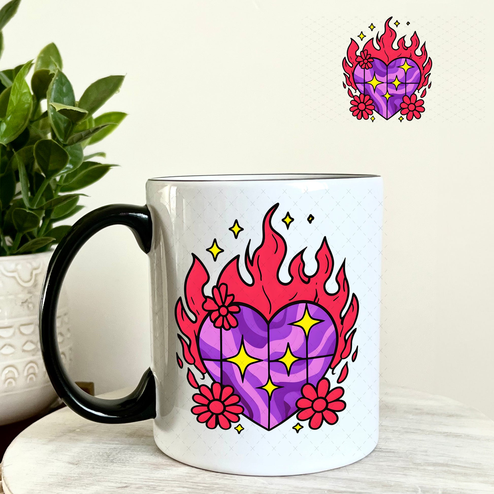 Purple Fire Heart UV DTF Decal 11oz Coffee Mug Weefers