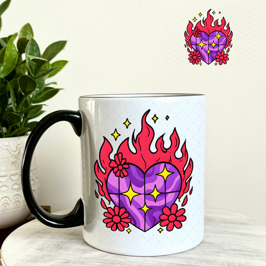 Purple Fire Heart UV DTF Decal 11oz Coffee Mug Weefers