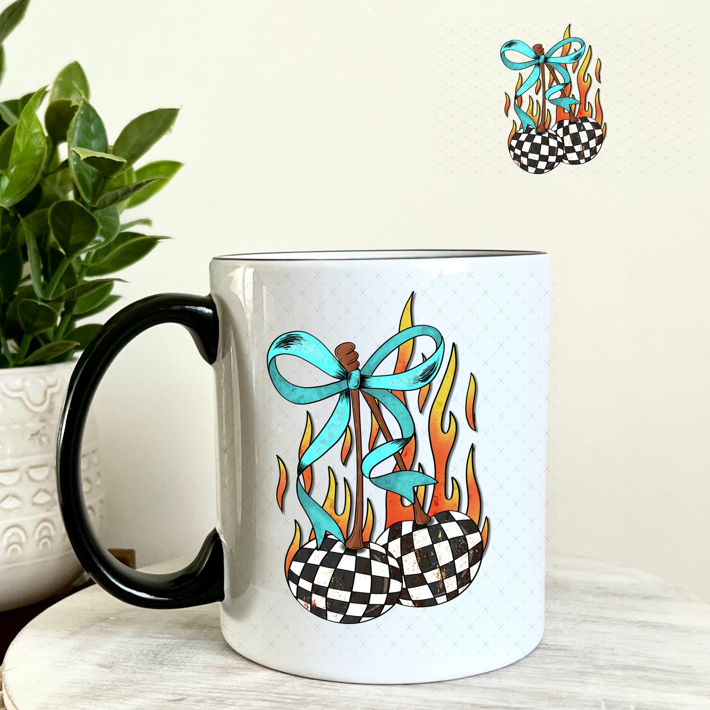 Checkered Cherries with Teal Bow UV DTF Decal 11oz Coffee Mug Weefers