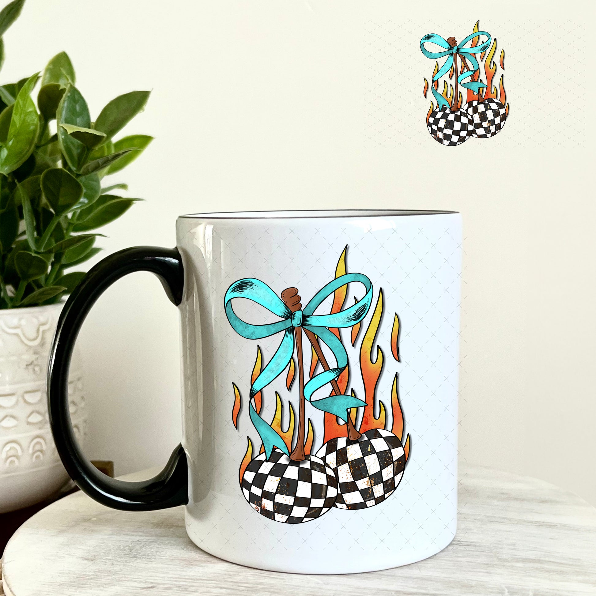 Checkered Cherries with Teal Bow UV DTF Decal 11oz Coffee Mug Weefers