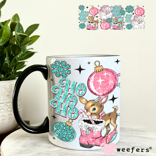 Ho Ho Ho Vintage Pink and Teal Santa UV DTF Cup Wrap 11oz Coffee Mug Weefers