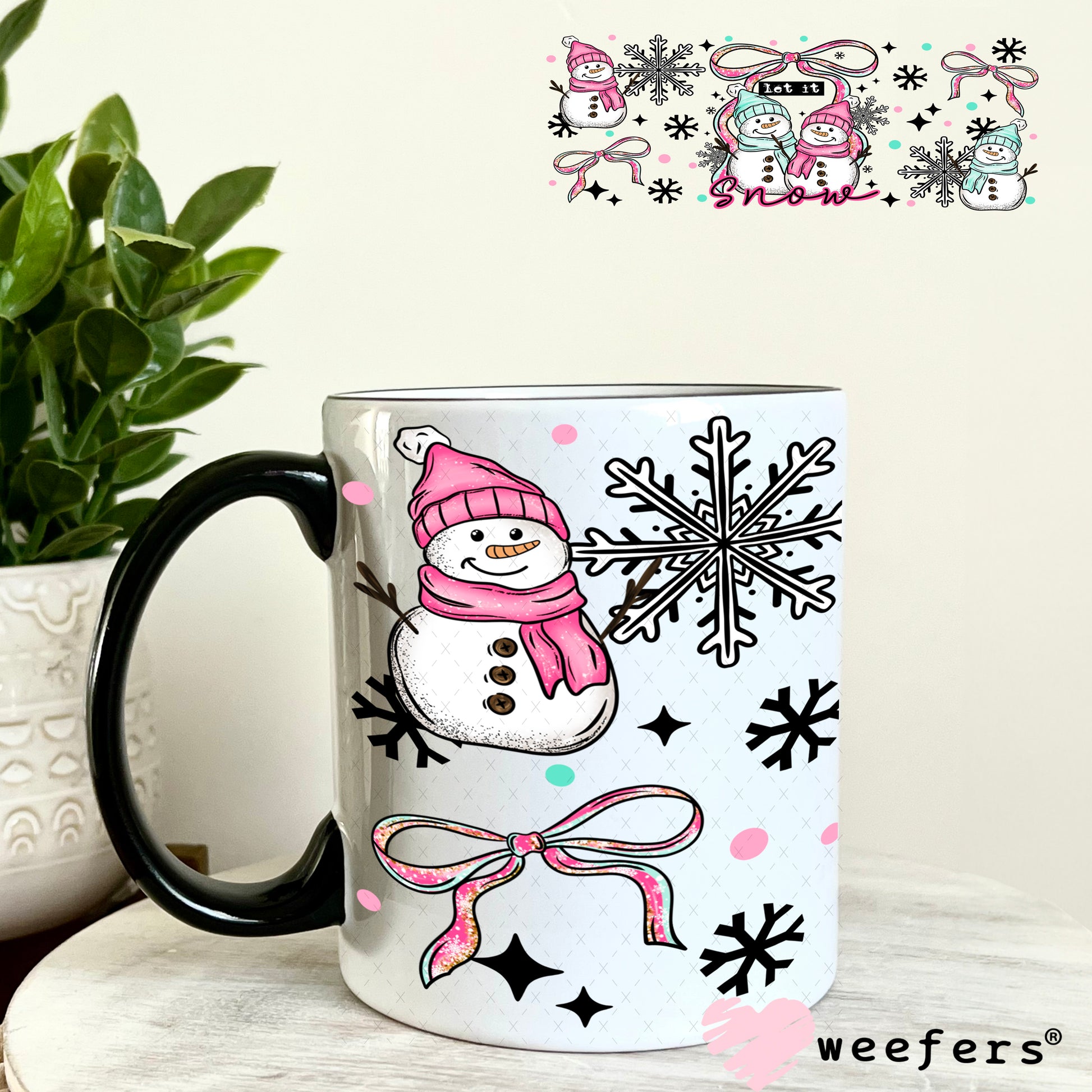 Let it Snow Pink and Blue Snowmen UV DTF Cup Wrap 11oz Coffee Mug Weefers