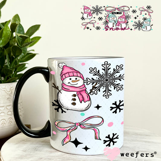 Let it Snow Pink and Blue Snowmen UV DTF Cup Wrap 11oz Coffee Mug Weefers