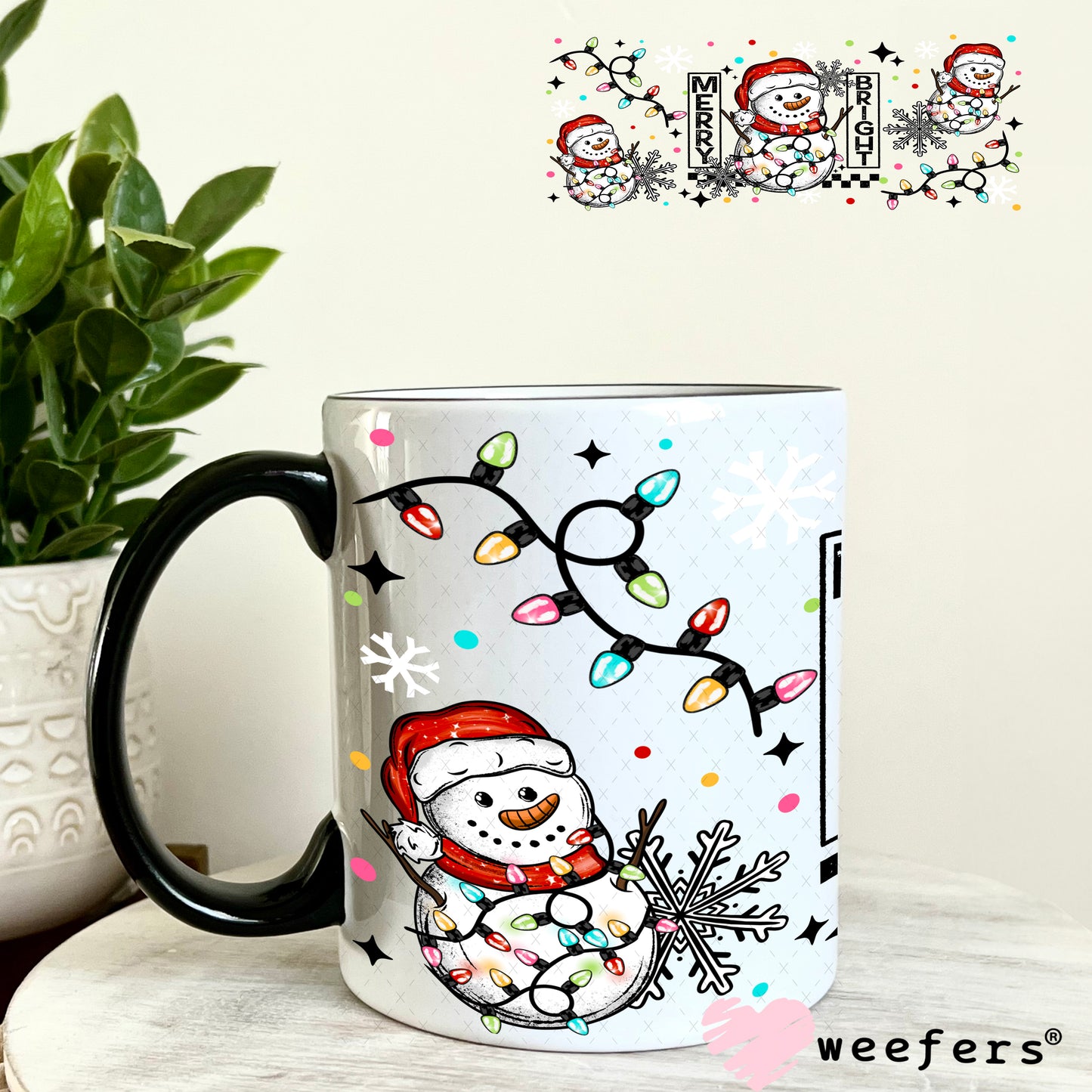 Merry Bright Tangled Lights Snowman UV DTF Cup Wrap 11oz Coffee Mug Weefers