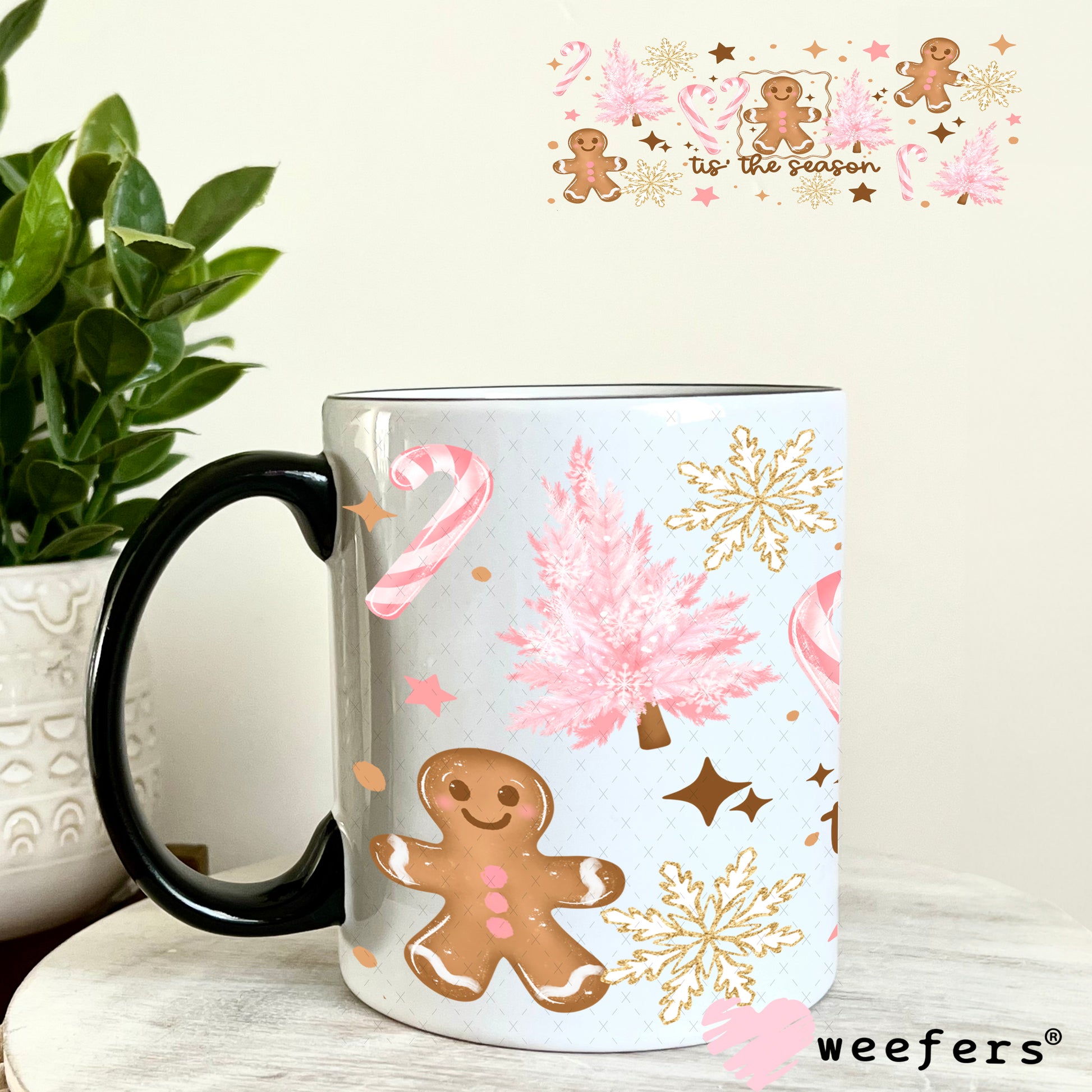 Tis the Season Pink Christmas Gingerbread and Trees UV DTF Cup Wrap 11oz Coffee Mug Weefers
