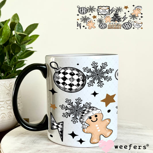 Black and White Checkered Christmas Gingerbread UV DTF Cup Wrap 11oz Coffee Mug Weefers