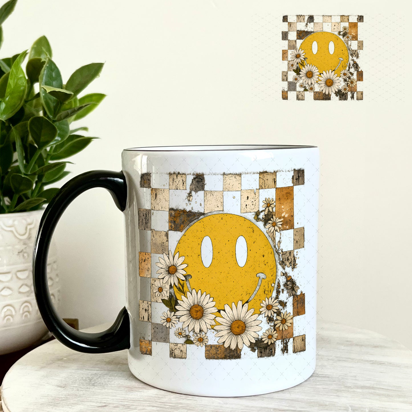 Smile Face Grunge Blocks Flowers UV DTF Decal 11oz Coffee Mug Weefers