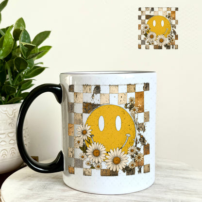 Smile Face Grunge Blocks Flowers UV DTF Decal 11oz Coffee Mug Weefers