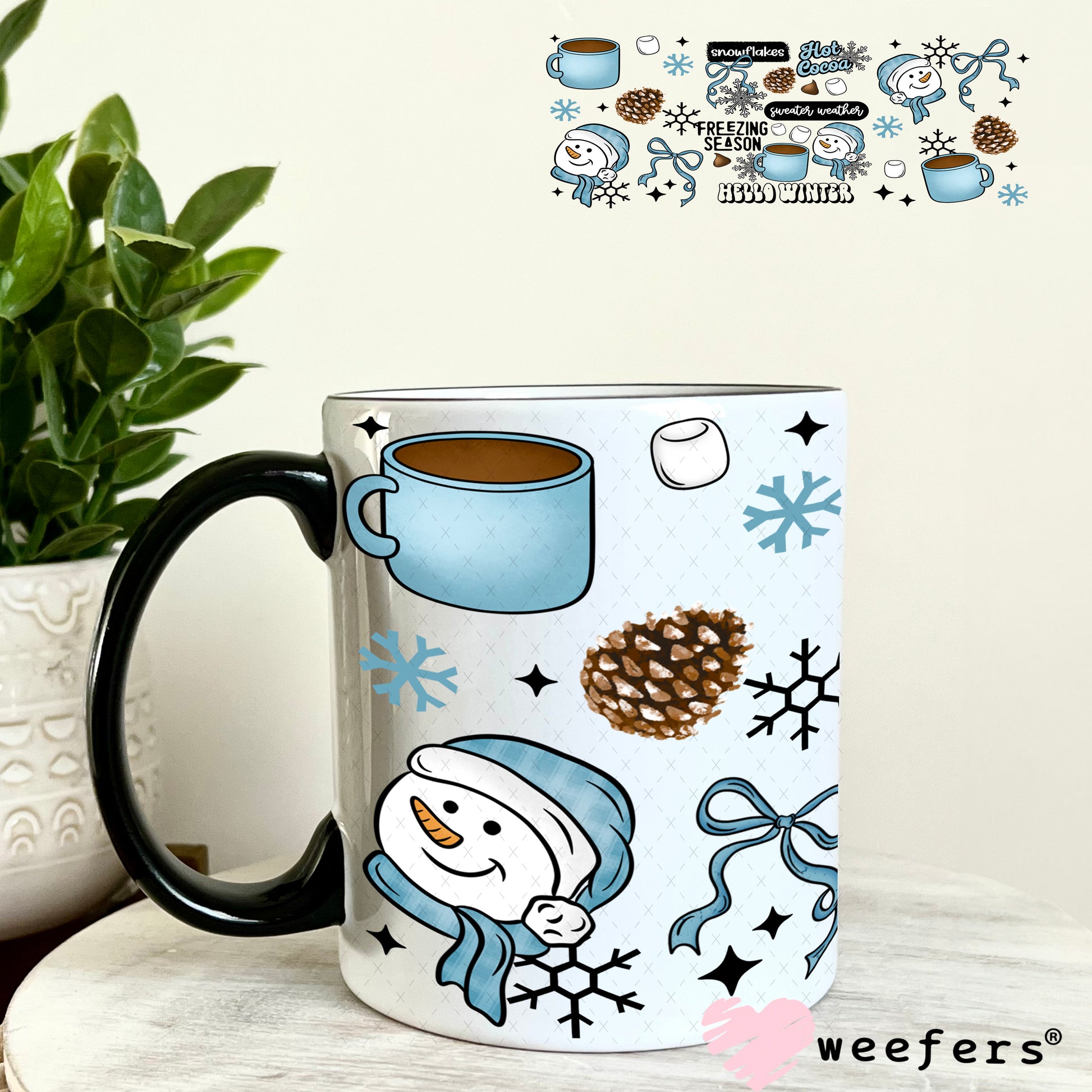 Hello Winter Blue Smiley Snowmen UV DTF Cup Wrap 11oz Coffee Mug Weefers