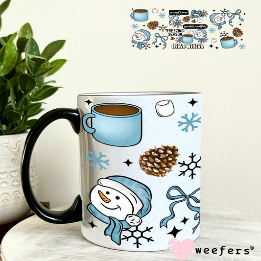 Hello Winter Blue Smiley Snowmen UV DTF Cup Wrap 11oz Coffee Mug Weefers
