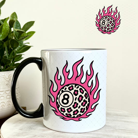 UV DTF Decal - Pink Flame Cheetah 8 Ball 11oz Coffee Mug Weefers