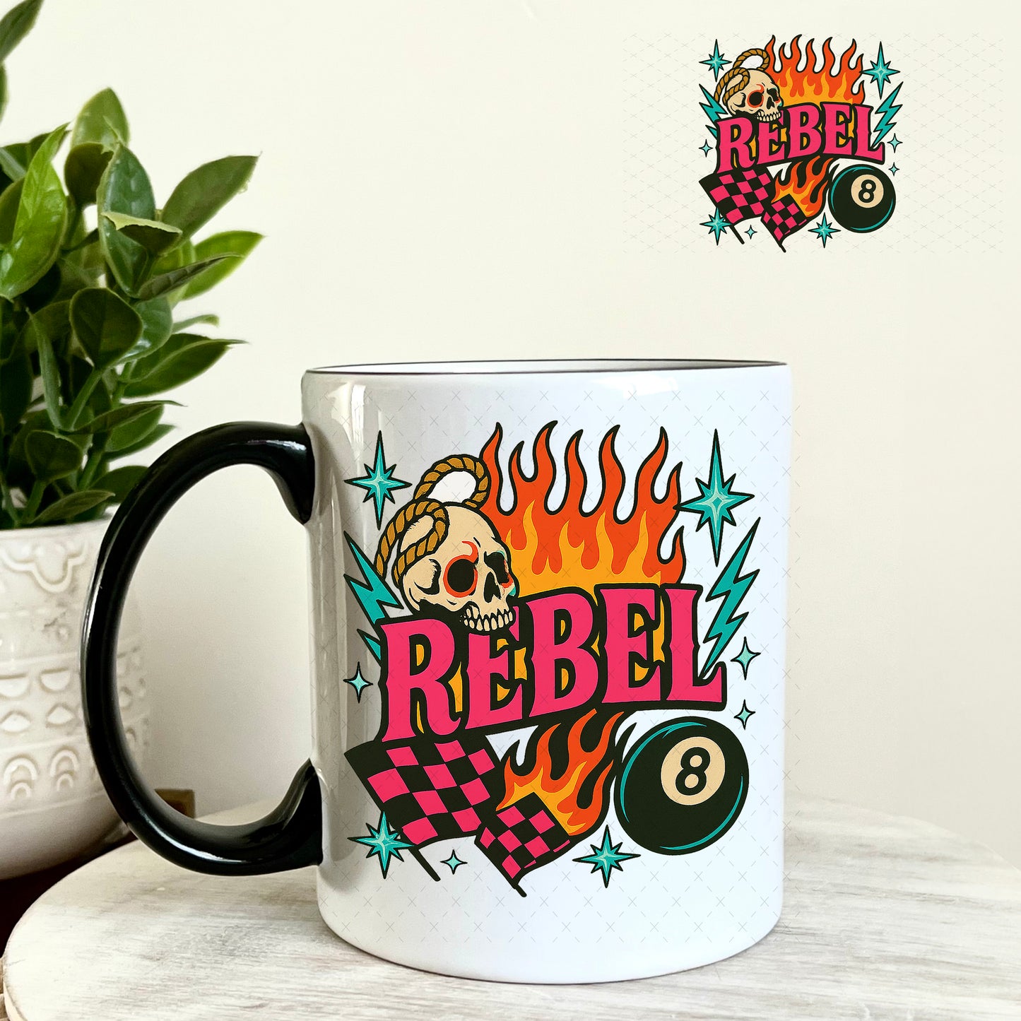 UV DTF Decal - Rebel Flames and Eightball 11oz Coffee Mug Weefers