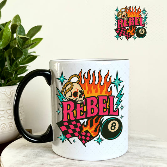 UV DTF Decal - Rebel Flames and Eightball 11oz Coffee Mug Weefers