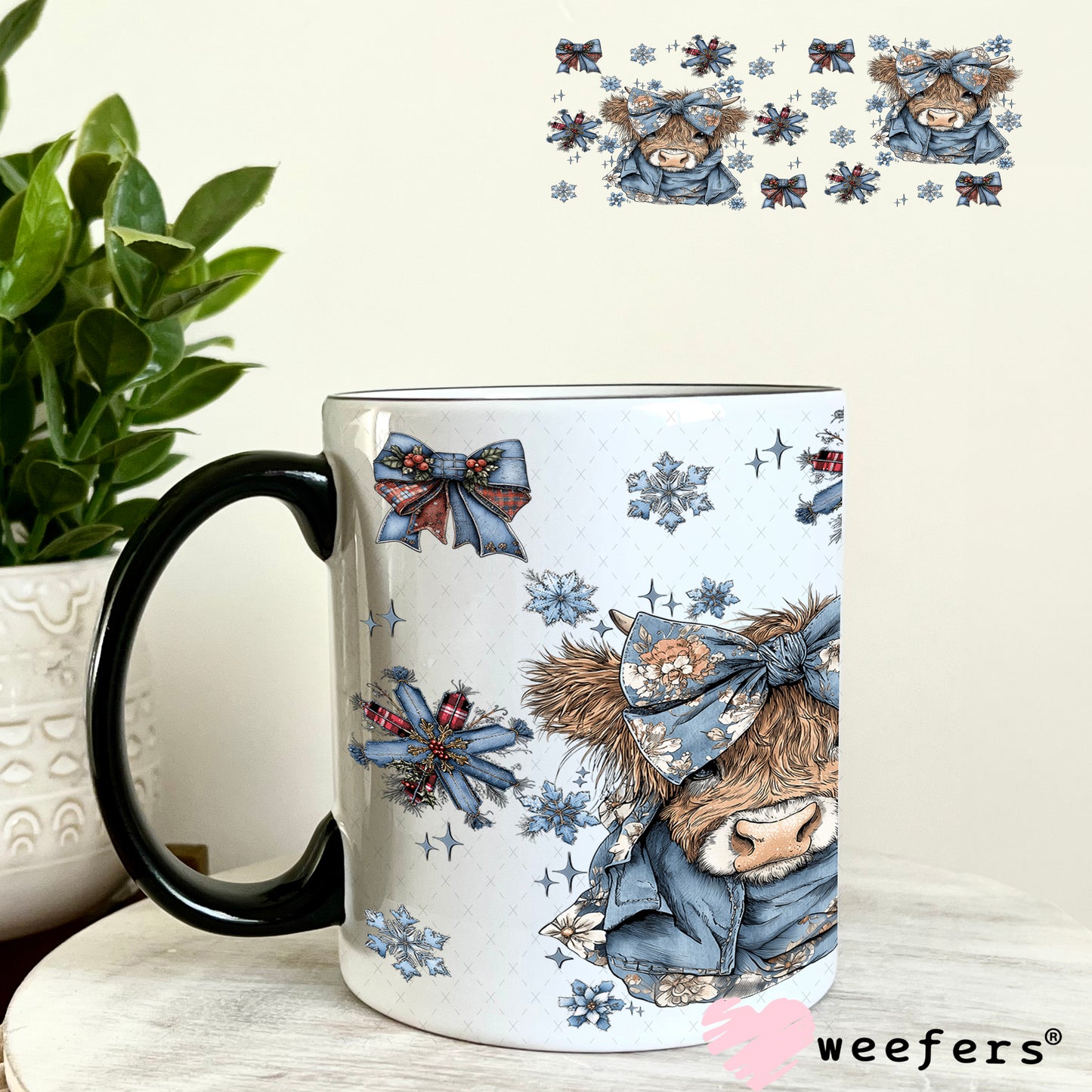 UV DTF Cup Wrap – Blue Christmas Highland Cow - Weefers Exclusive 11oz Coffee Mug Weefers