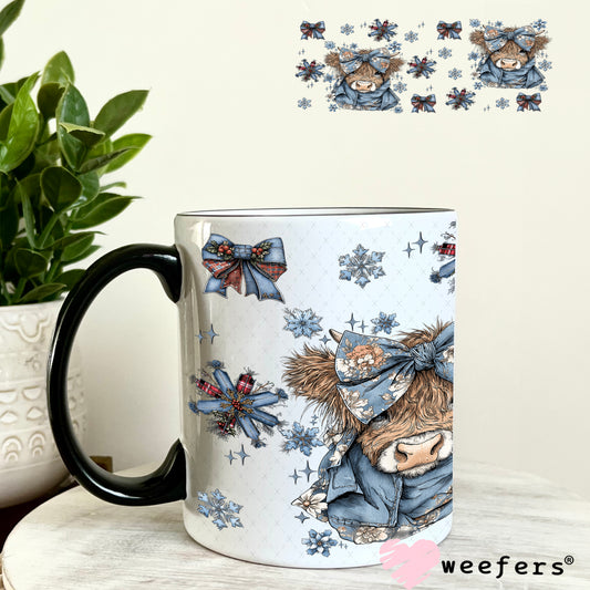 UV DTF Cup Wrap – Blue Christmas Highland Cow - Weefers Exclusive 11oz Coffee Mug Weefers
