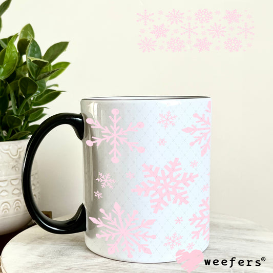 UV DTF Cup Wrap – Christmas Pink Snowflakes 11oz Coffee Mug Weefers