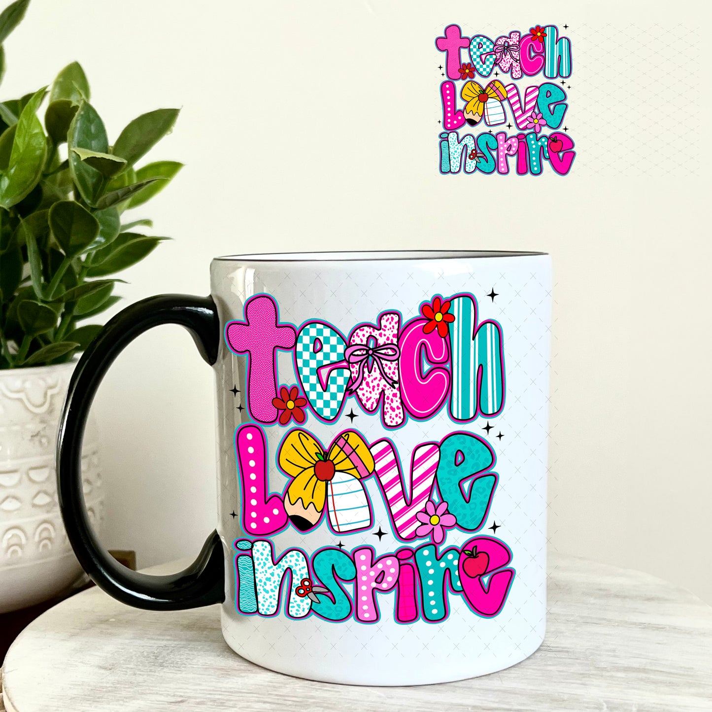 UV DTF Decal - Teach Love Inspire Teal and Magenta 11oz Coffee Mug Weefers