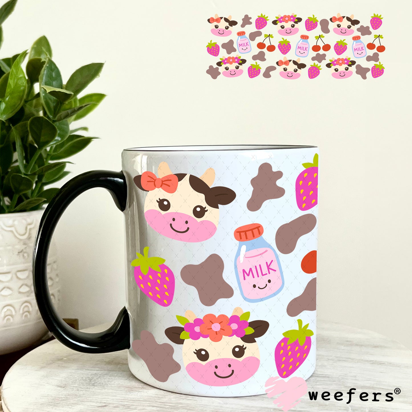 UV DTF Cup Wrap – Strawberry Milk cow 11oz Coffee Mug Weefers