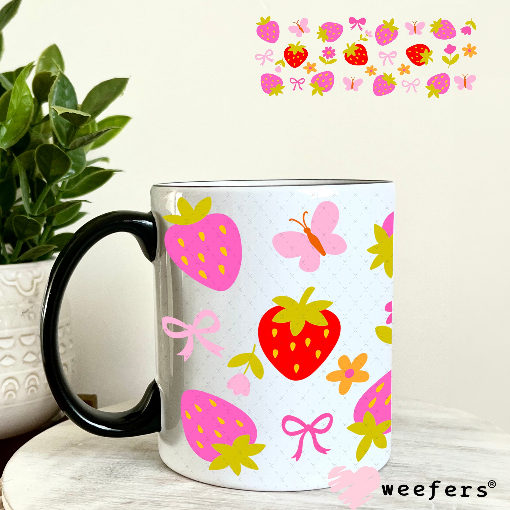 UV DTF Cup Wrap – Pink and Red Strawberries 11oz Coffee Mug Weefers