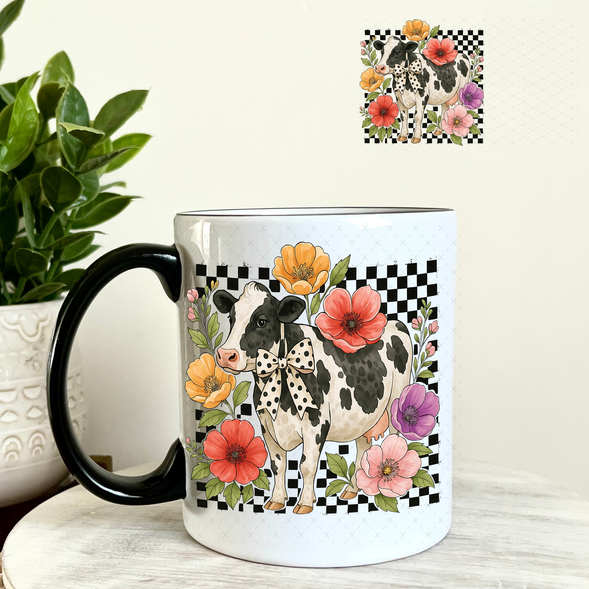 UV DTF Decal - Checkered Flower Cow 11oz Coffee Mug Weefers
