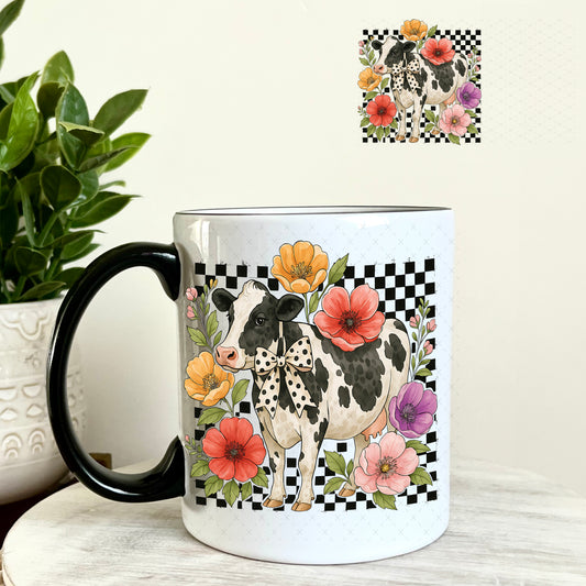 UV DTF Decal - Checkered Flower Cow 11oz Coffee Mug Weefers