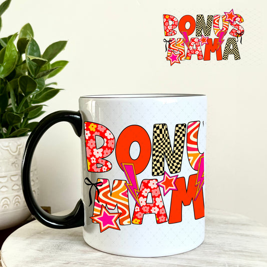 UV DTF Decal - Bonus Mama Red Orange Checkers 11oz Coffee Mug Weefers