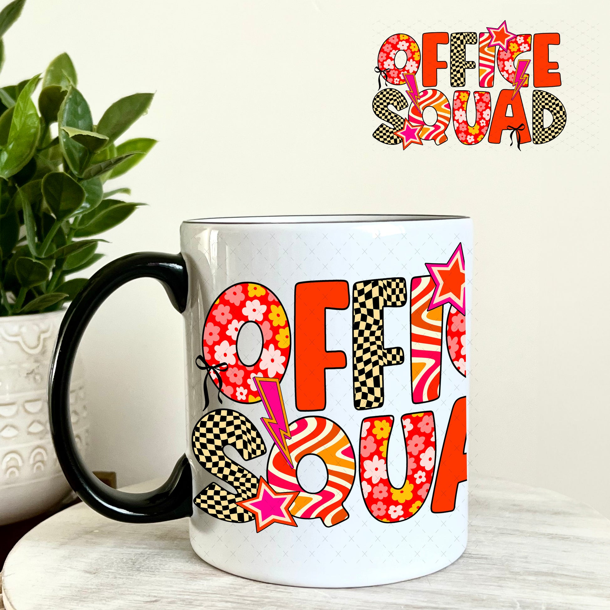 UV DTF Decal - Office Squad Red Orange Checkered 11oz Coffee Mug Weefers