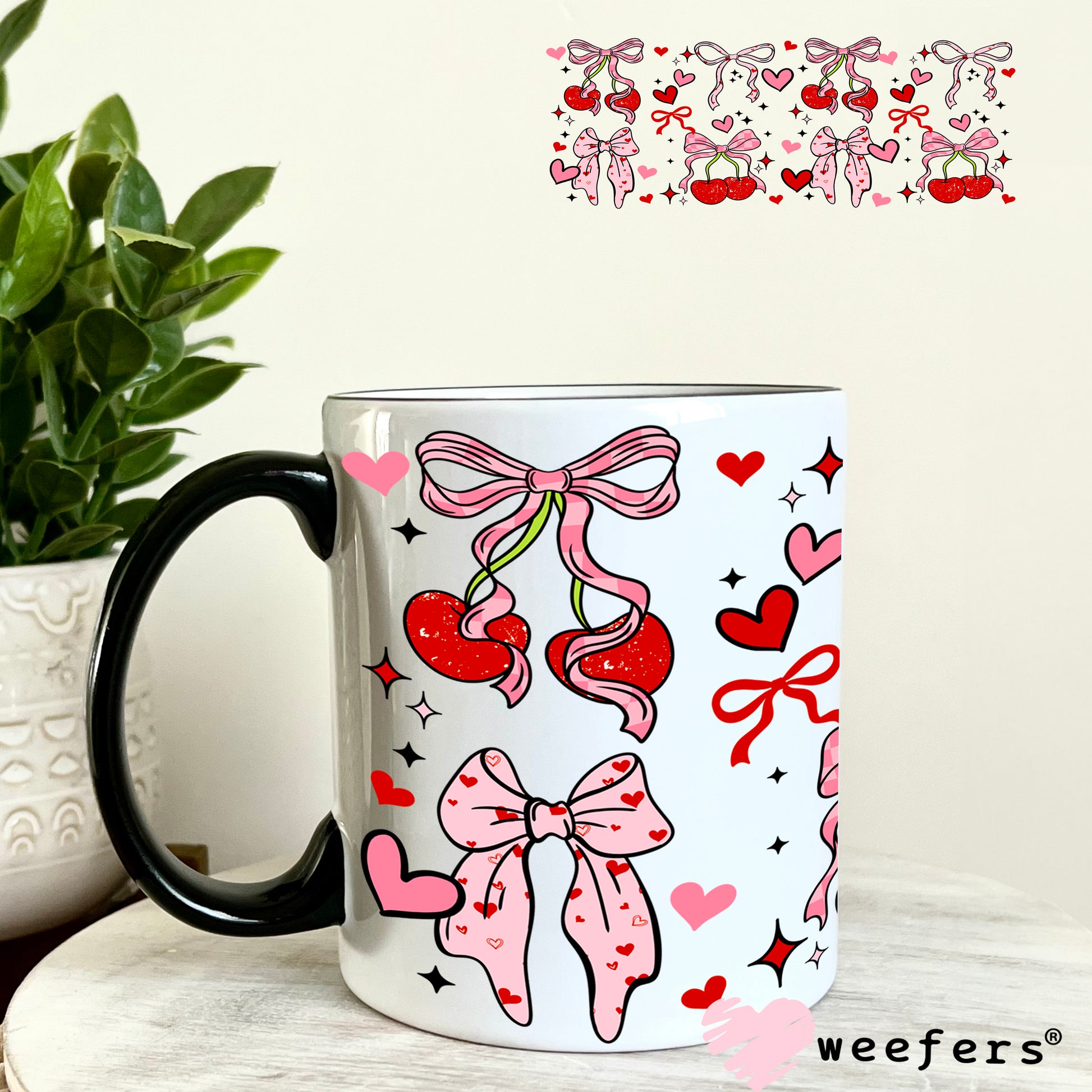 UV DTF Cup Wrap – Cherry Heart Bows 11oz Coffee Mug Weefers