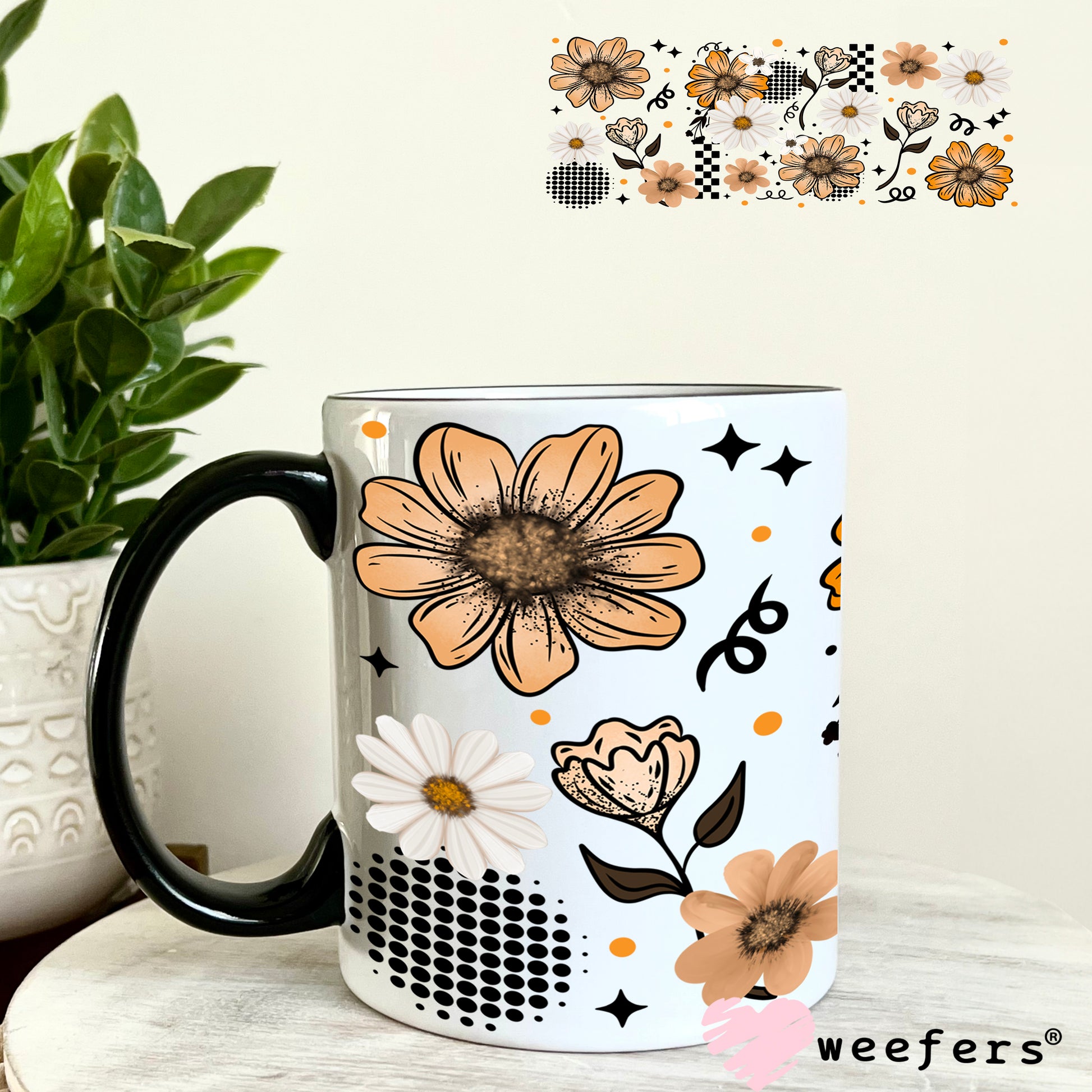 UV DTF Cup Wrap – Flowers Beige Light Orange 11oz Coffee Mug Weefers