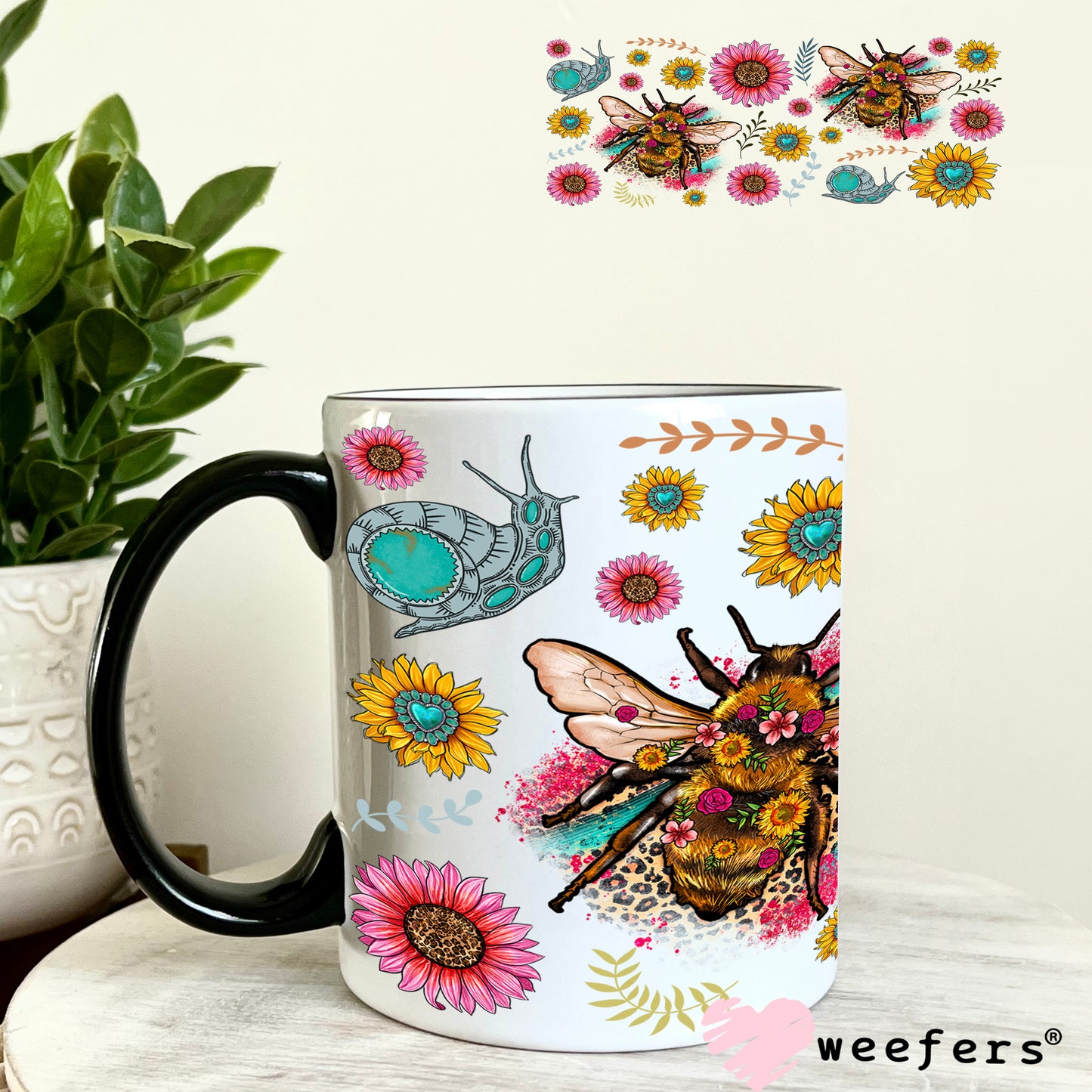 UV DTF Cup Wrap – Whimsical Pink Teal Bees - Weefers Exclusive 11oz Coffee Mug Weefers