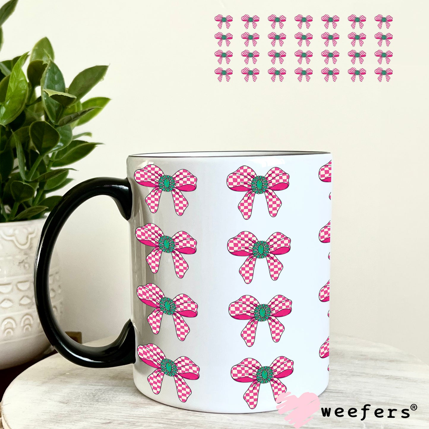 UV DTF Cup Wrap – Western Pink Checkered Bow Elements - Weefers Exclusive 11oz Coffee Mug Weefers
