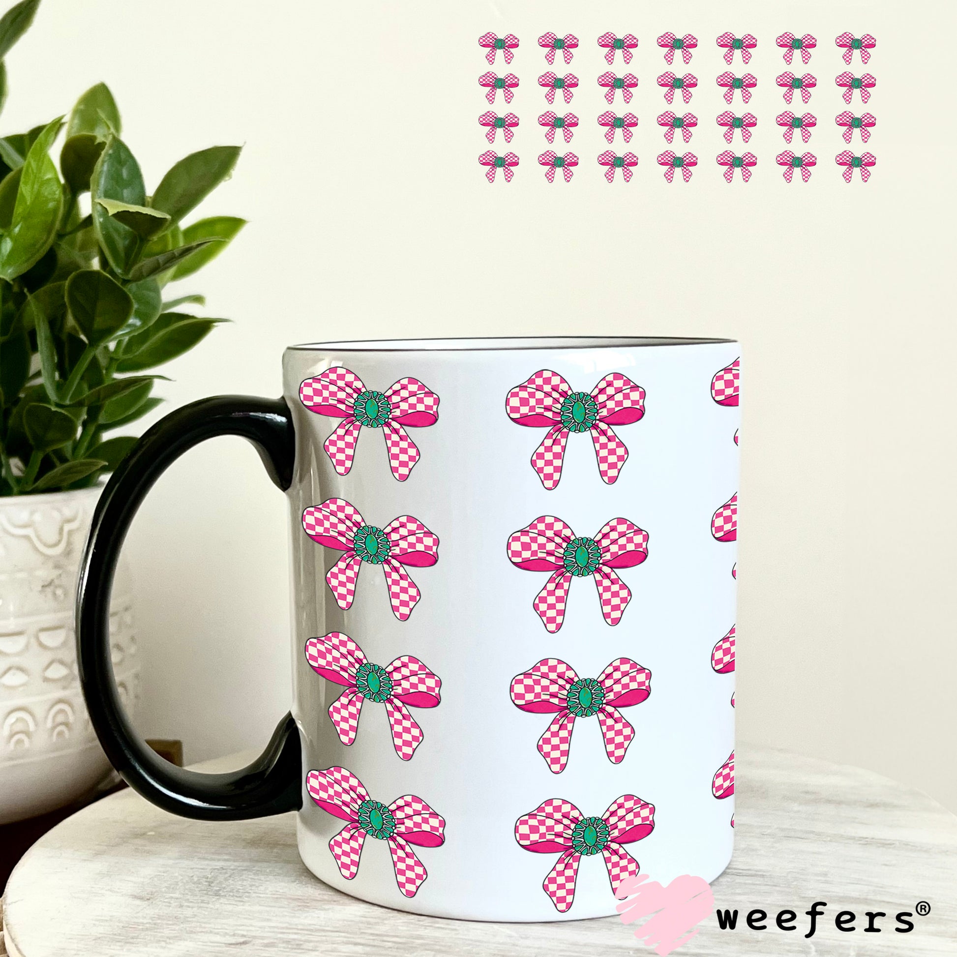 UV DTF Cup Wrap – Western Pink Checkered Bow Elements - Weefers Exclusive 11oz Coffee Mug Weefers