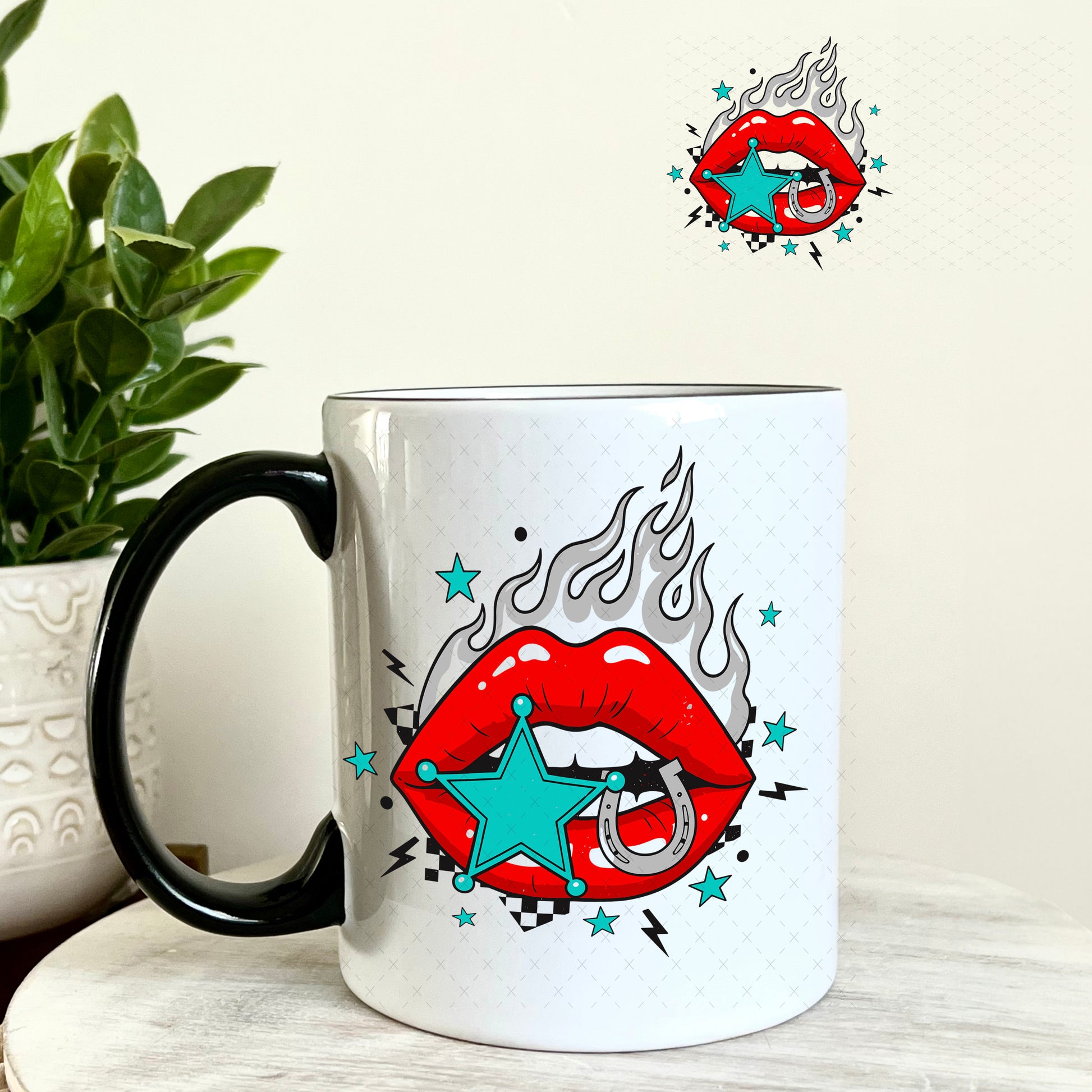 UV DTF Decal - Flame Lips Teal Red 11oz Coffee Mug Weefers